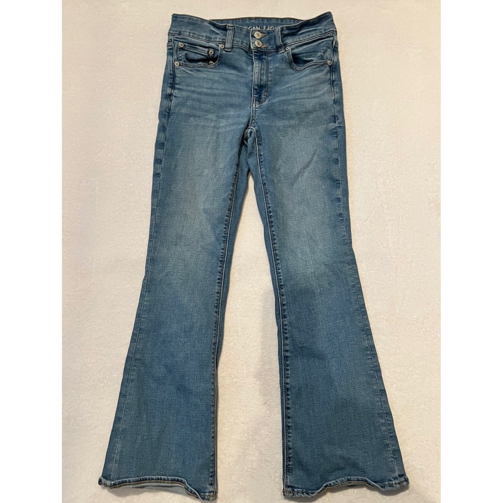 American Eagle Flare Jeans Blue High Rise Double Button Short 6
